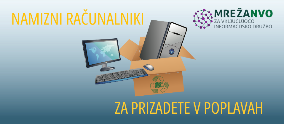 Spletna pasica za humanitarno akcijo Namizni računalniki za prizadete v poplavah 2023, ki jo izvaja Mreža nevladnih organizacij za vključujočo informacijsko družbo (NVO-VID)