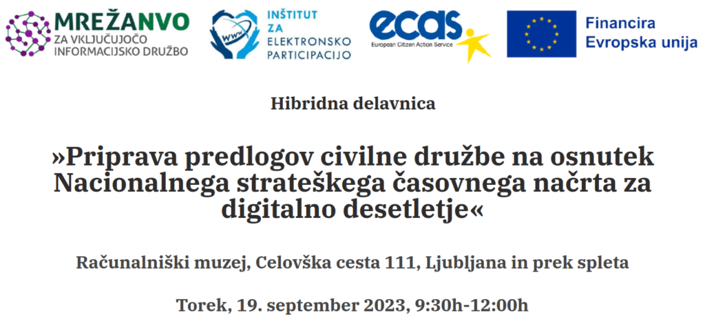 Spletna pasica s podatki o delavnici za pripravo predlogov civilne družbe na osnutek Nacionalnega strateškega časovnega načrta za digitalno desetletje